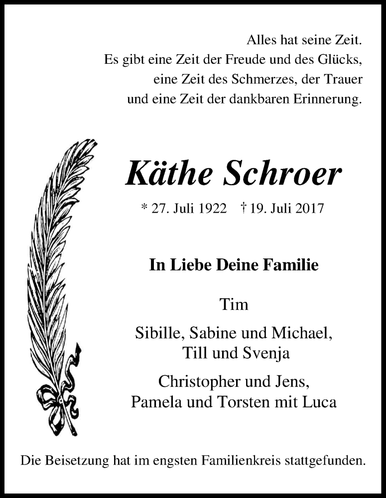  Traueranzeige für Käthe Schroer vom 29.07.2017 aus Kölner Stadt-Anzeiger / Kölnische Rundschau / Express
