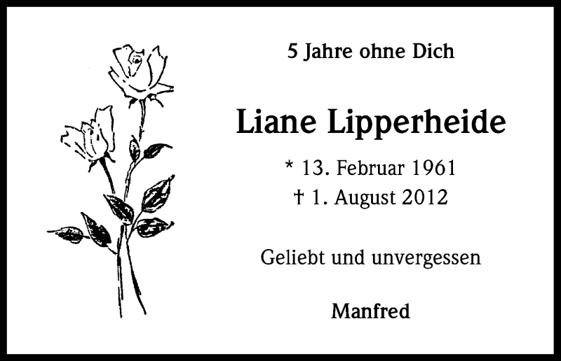  Traueranzeige für Liane Lipperheide vom 01.08.2017 aus Kölner Stadt-Anzeiger / Kölnische Rundschau / Express