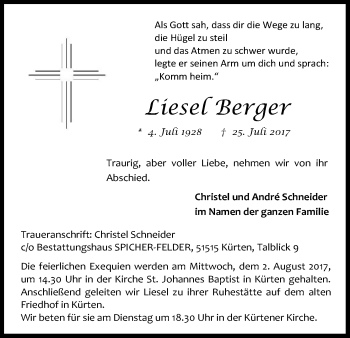Anzeige von Liesel Berger von Kölner Stadt-Anzeiger / Kölnische Rundschau / Express