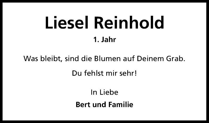  Traueranzeige für Liesel Reinhold vom 29.07.2017 aus Kölner Stadt-Anzeiger / Kölnische Rundschau / Express