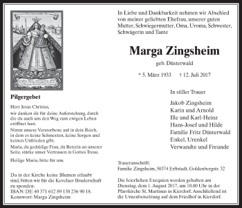 Anzeige von Marga Zingsheim von  Sonntags-Post 