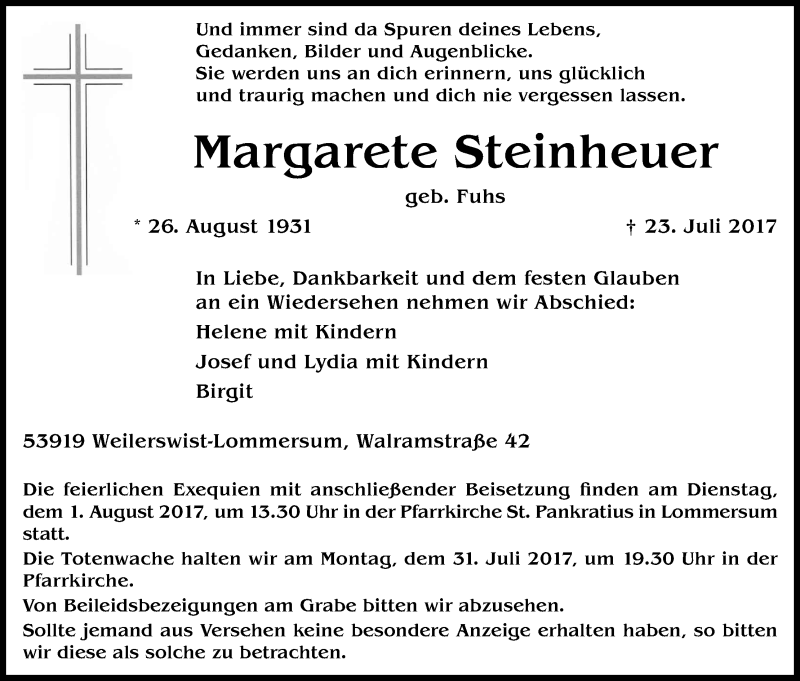  Traueranzeige für Margarete Steinheuer vom 29.07.2017 aus Kölner Stadt-Anzeiger / Kölnische Rundschau / Express