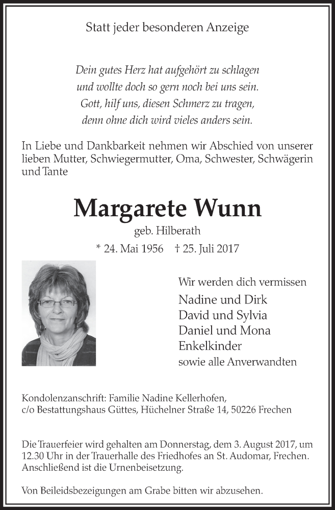  Traueranzeige für Margarete Wunn vom 29.07.2017 aus  Sonntags-Post 