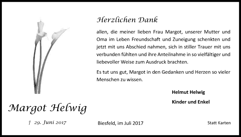  Traueranzeige für Margot Helwig vom 28.07.2017 aus Kölner Stadt-Anzeiger / Kölnische Rundschau / Express