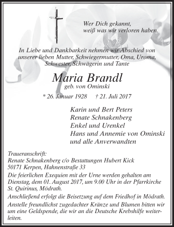 Anzeige von Maria Brandl von  Sonntags-Post 