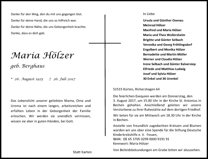  Traueranzeige für Maria Hölzer vom 29.07.2017 aus Kölner Stadt-Anzeiger / Kölnische Rundschau / Express