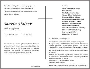 Anzeige von Maria Hölzer von  Bergisches Sonntagsblatt 