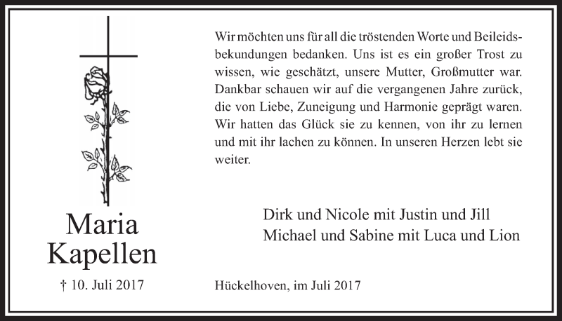  Traueranzeige für Maria Kapellen vom 29.07.2017 aus  Sonntags-Post 