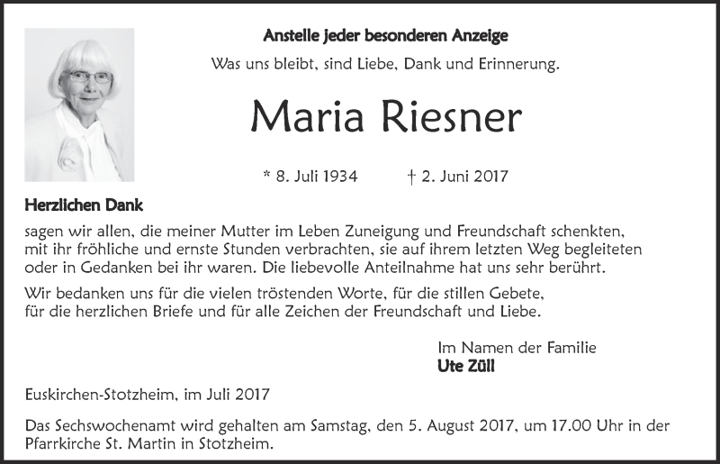  Traueranzeige für Maria Riesner vom 29.07.2017 aus  Blickpunkt Euskirchen 
