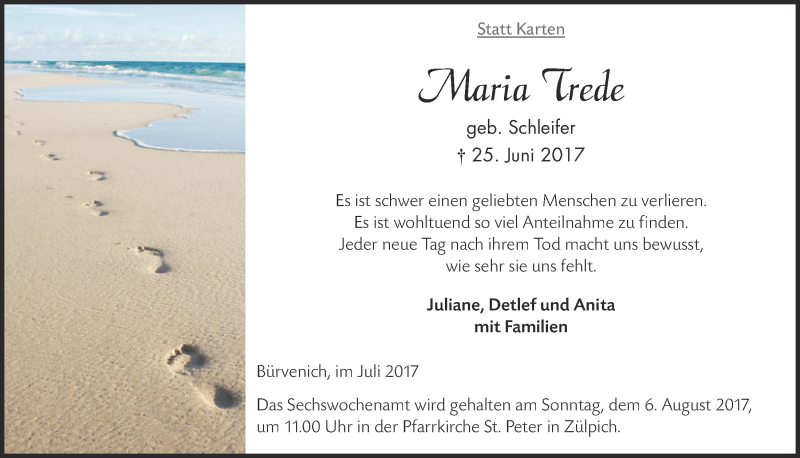  Traueranzeige für Maria Trede vom 29.07.2017 aus  Blickpunkt Euskirchen 