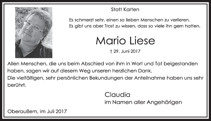 Traueranzeige für Mario Liese vom 29.07.2017 aus  Sonntags-Post 