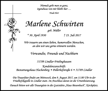Anzeige von Marlene Schwirten von Kölner Stadt-Anzeiger / Kölnische Rundschau / Express