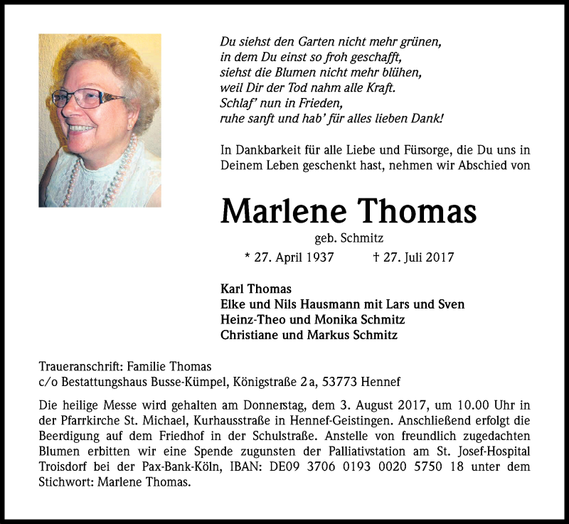  Traueranzeige für Marlene Thomas vom 01.08.2017 aus Kölner Stadt-Anzeiger / Kölnische Rundschau / Express