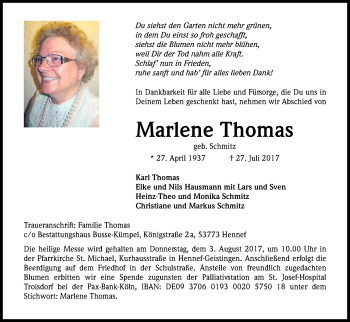Anzeige von Marlene Thomas von Kölner Stadt-Anzeiger / Kölnische Rundschau / Express