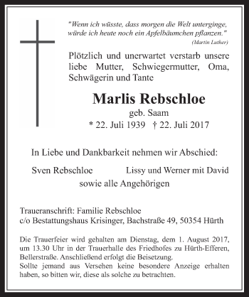 Anzeige von Marlis Rebschloe von  Sonntags-Post 