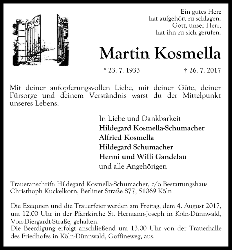  Traueranzeige für Martin Kosmella vom 31.07.2017 aus Kölner Stadt-Anzeiger / Kölnische Rundschau / Express