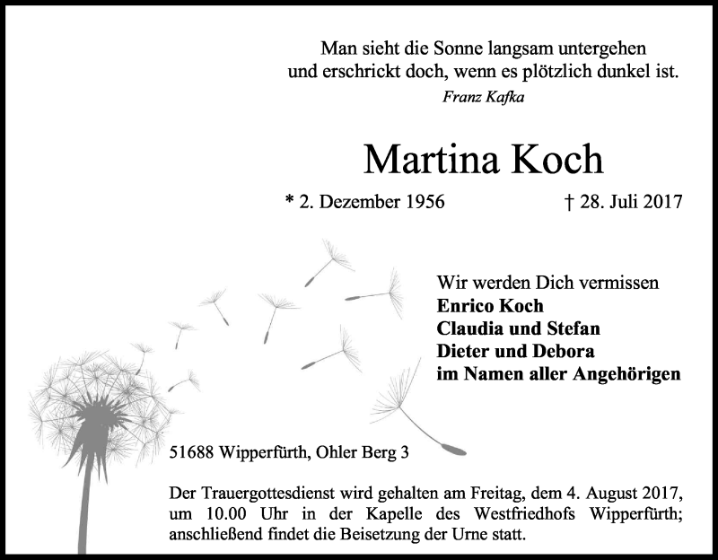  Traueranzeige für Martina Koch vom 01.08.2017 aus Kölner Stadt-Anzeiger / Kölnische Rundschau / Express