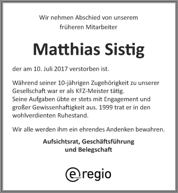Anzeige von Matthias Sistig von  Blickpunkt Euskirchen 
