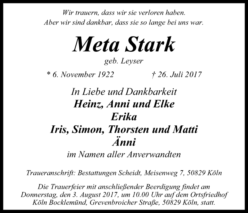  Traueranzeige für Meta Stark vom 29.07.2017 aus Kölner Stadt-Anzeiger / Kölnische Rundschau / Express