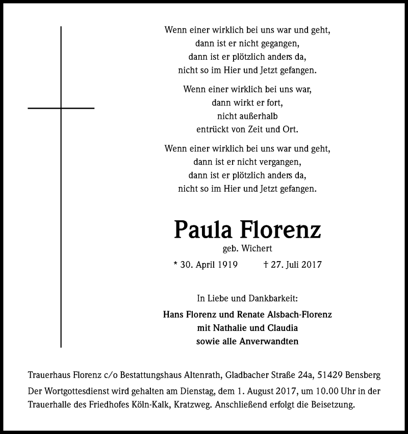  Traueranzeige für Paula Florenz vom 29.07.2017 aus Kölner Stadt-Anzeiger / Kölnische Rundschau / Express