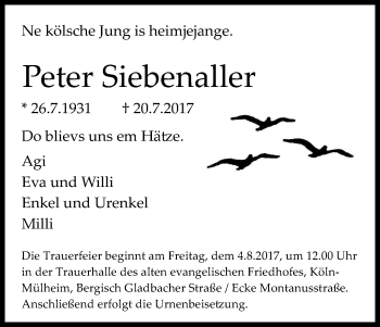 Anzeige von Peter Siebenaller von Kölner Stadt-Anzeiger / Kölnische Rundschau / Express