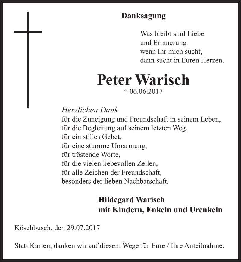  Traueranzeige für Peter Warisch vom 29.07.2017 aus  Rhein-Sieg-Wochenende 