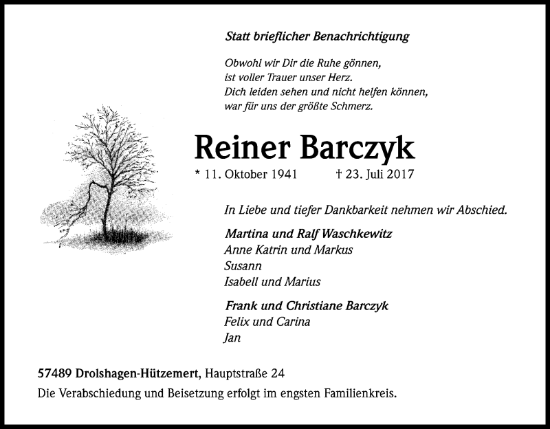  Traueranzeige für Reiner Barczyk vom 28.07.2017 aus Kölner Stadt-Anzeiger / Kölnische Rundschau / Express