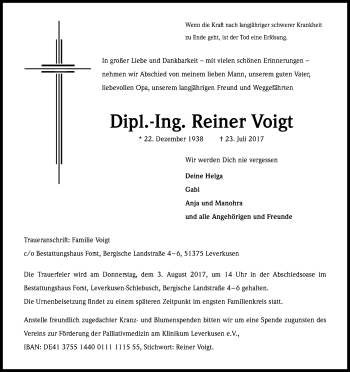 Anzeige von Reiner Voigt von Kölner Stadt-Anzeiger / Kölnische Rundschau / Express