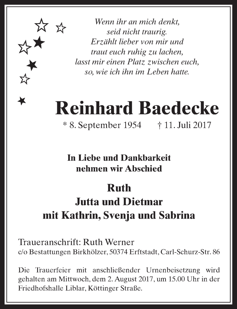  Traueranzeige für Reinhard Baedecke vom 29.07.2017 aus  Sonntags-Post 