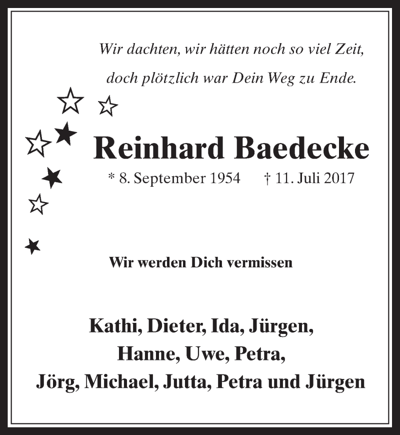  Traueranzeige für Reinhard Baedecke vom 29.07.2017 aus  Sonntags-Post 