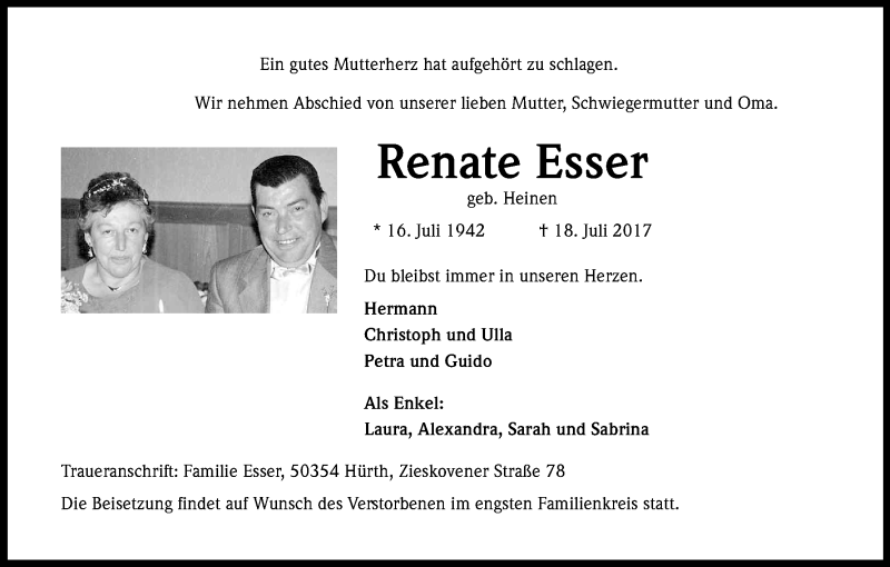  Traueranzeige für Renate Esser vom 29.07.2017 aus Kölner Stadt-Anzeiger / Kölnische Rundschau / Express