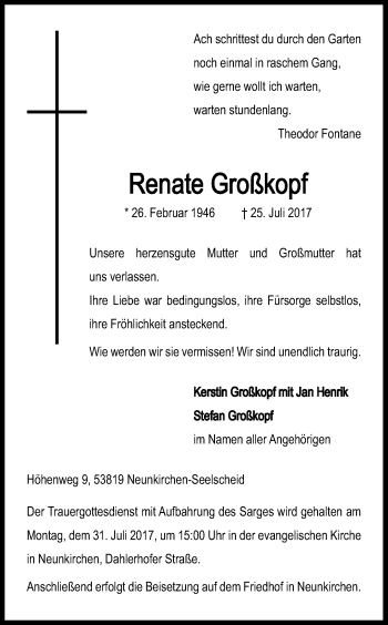 Anzeige von Renate Großkopf von Kölner Stadt-Anzeiger / Kölnische Rundschau / Express