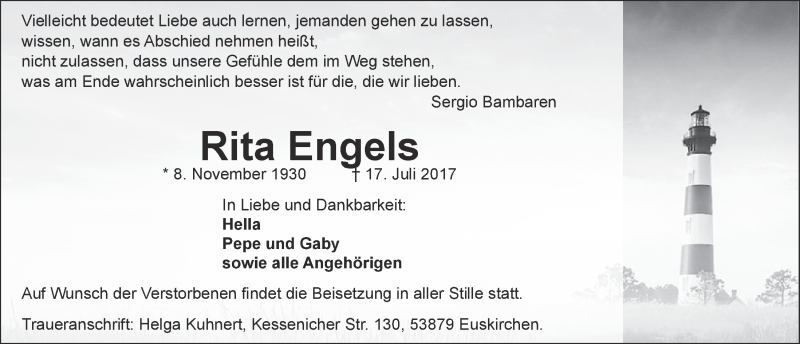  Traueranzeige für Rita Engels vom 29.07.2017 aus  Blickpunkt Euskirchen 