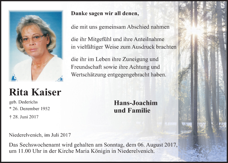  Traueranzeige für Rita Kaiser vom 29.07.2017 aus  Blickpunkt Euskirchen 
