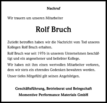 Anzeige von Rolf Bruch von Kölner Stadt-Anzeiger / Kölnische Rundschau / Express