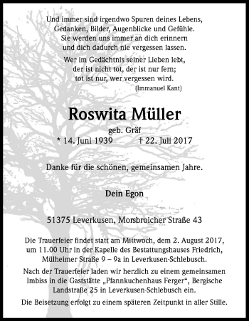 Anzeige von Roswita Müller von Kölner Stadt-Anzeiger / Kölnische Rundschau / Express