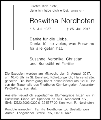 Anzeige von Roswitha Nordhofen von Kölner Stadt-Anzeiger / Kölnische Rundschau / Express
