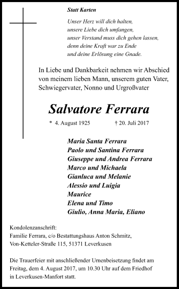 Anzeige von Salvatore Ferrara von Kölner Stadt-Anzeiger / Kölnische Rundschau / Express