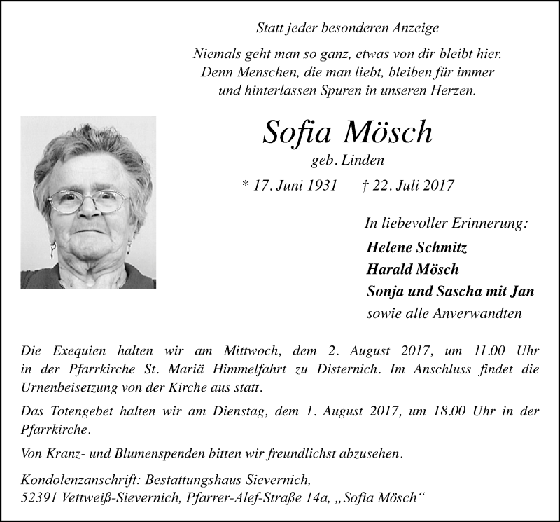  Traueranzeige für Sofia Mösch vom 29.07.2017 aus  Blickpunkt Euskirchen 