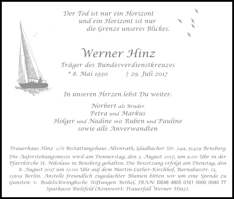  Traueranzeige für Werner Hinz vom 01.08.2017 aus Kölner Stadt-Anzeiger / Kölnische Rundschau / Express