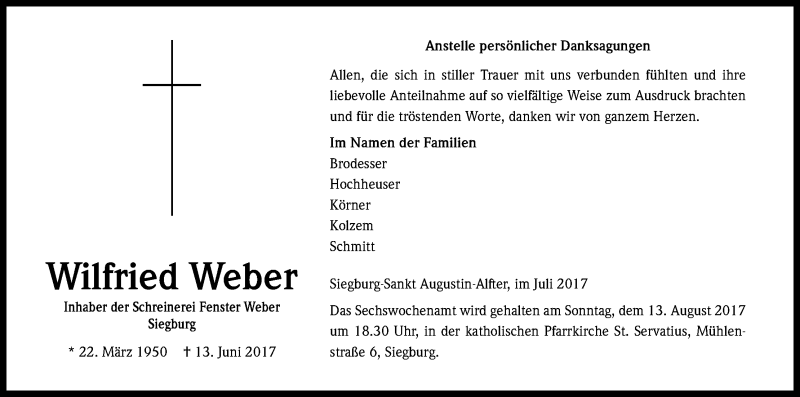  Traueranzeige für Wilfried Weber vom 29.07.2017 aus Kölner Stadt-Anzeiger / Kölnische Rundschau / Express