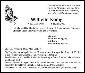 Anzeige von Wilhelm König von Kölner Stadt-Anzeiger / Kölnische Rundschau / Express