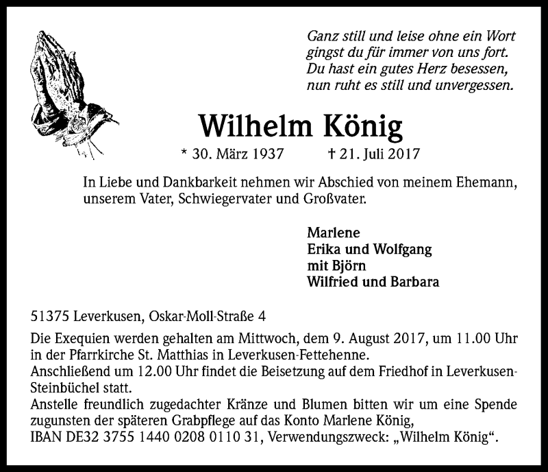  Traueranzeige für Wilhelm König vom 29.07.2017 aus Kölner Stadt-Anzeiger / Kölnische Rundschau / Express