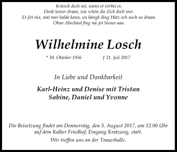 Anzeige von Wilhelmine Losch von Kölner Stadt-Anzeiger / Kölnische Rundschau / Express
