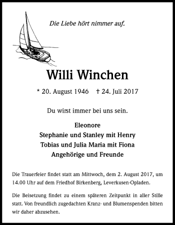Anzeige von Willi Winchen von Kölner Stadt-Anzeiger / Kölnische Rundschau / Express