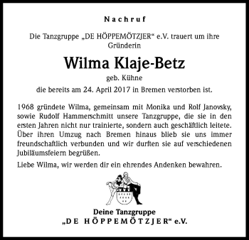 Anzeige von Wilma Klaje-Betz von Kölner Stadt-Anzeiger / Kölnische Rundschau / Express