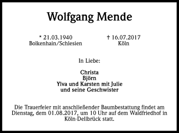 Anzeige von Wolfgang Mende von Kölner Stadt-Anzeiger / Kölnische Rundschau / Express