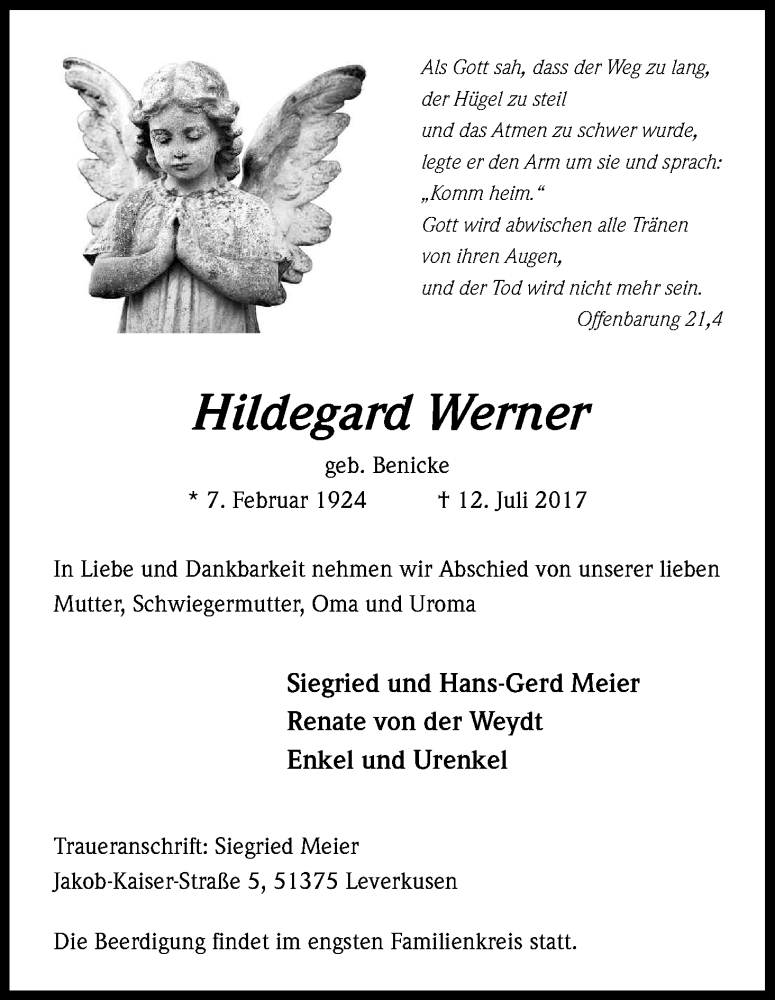  Traueranzeige für Hildegard Werner vom 15.07.2017 aus Kölner Stadt-Anzeiger / Kölnische Rundschau / Express