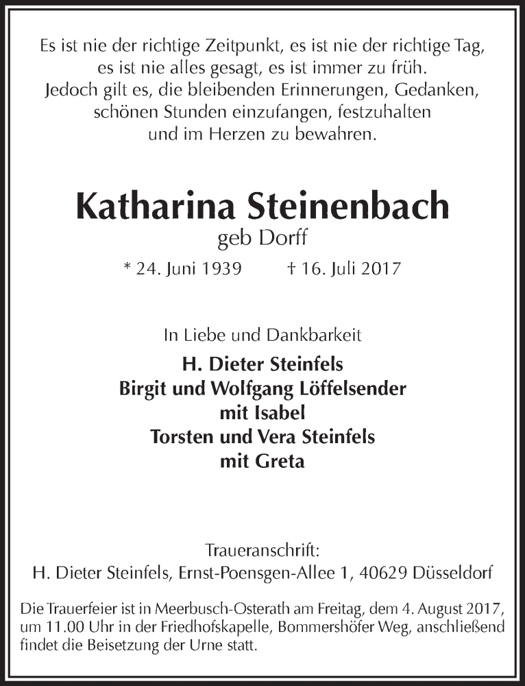  Traueranzeige für Katharina Steinenbach vom 26.07.2017 aus  Bergisches Handelsblatt 