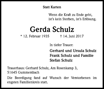 Anzeige von Gerda Schulz von Kölner Stadt-Anzeiger / Kölnische Rundschau / Express
